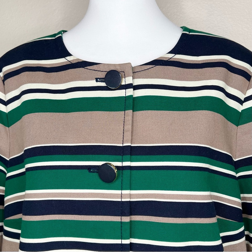 Talbots Navy Blue & Green Striped Cotton Collarless 3/4 Sleeve Blazer Jacket - Picture 3 of 11